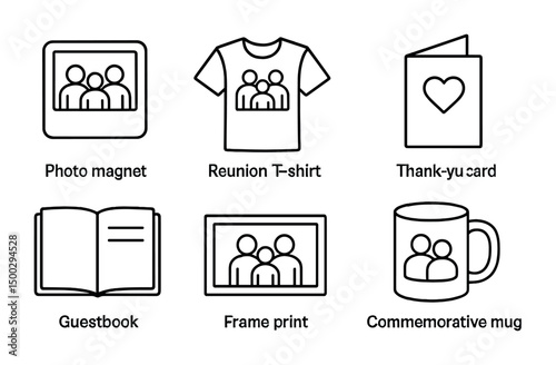 Family reunion outline icons set – linear, family gathering, memory keepsakes symbols