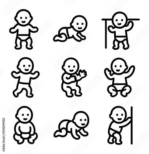 Developmental Milestones Icons. Outline icon set of developmental milestones: standing up, tummy time, cruise bar holding, first