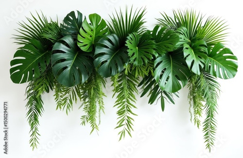 Tropical foliage arrangement isolated on white. Green fresh monstera deliciosa leaves, ferns, palms, create wall decor element. Tropical leaf arrangement, jungle greenery design for interior, nature