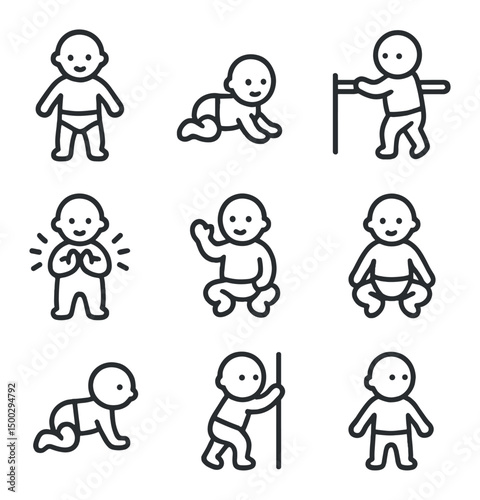 Developmental Milestones Icons. Outline icon set of developmental milestones: standing up, tummy time, cruise bar holding, first