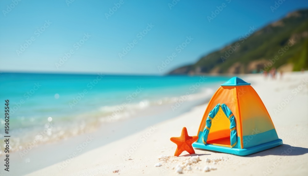 Toy tent stands beach. Orange blue tent starfish on white sand near sea, turquoise water. Summer vacation background. Childhood, travel concept, seaside, outdoor, leisure, getaway. Toy tent stands beach. Orange blue tent starfish on white sand near sea, turquoise water. Summer vacation background. Childhood, travel concept, seaside, outdoor, leisure, getaway.