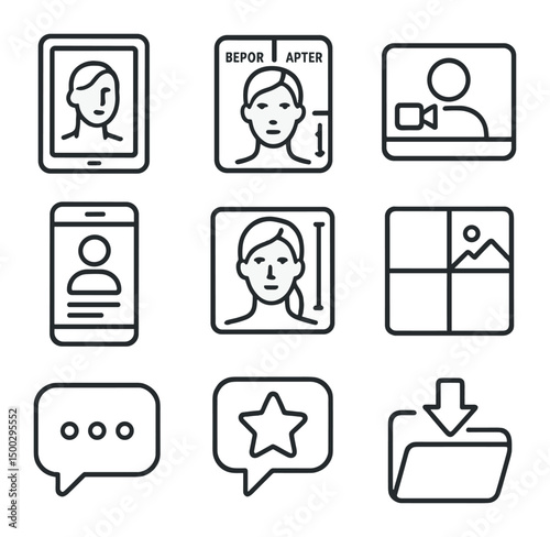 Digital Tool Icons. Outline icon set of face shape guides: oval silhouette, round outline, square jaw, heart shape, diamond