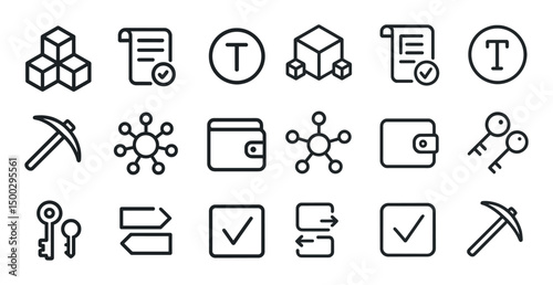 Mining and blockchain linear icons set – digital, outline, cryptocurrency symbols