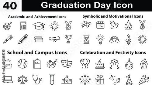 Set of 40 Graduation Day icon, Academic and Achievement, Celebration and Festivity, Symbolic and Motivational, School and Campus", teacher's day, student's day, education day and more educational icon