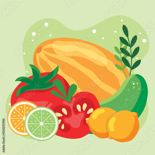 Citrus melon and tomato mix. Vector