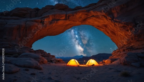 Night scene camping under Wolfberg Arch, two tents under starry sky, galaxy. Majestic sandstone rock formation, canyon landscape, adventure travel. Night sky with stars, Milky Way. Desert, hiking,