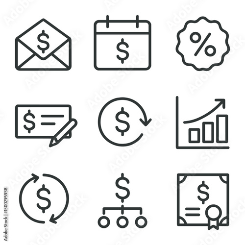 Dividend Investing Icons. Outline icon set of dividend investing: dividend envelope, payout calendar, yield percent badge, check