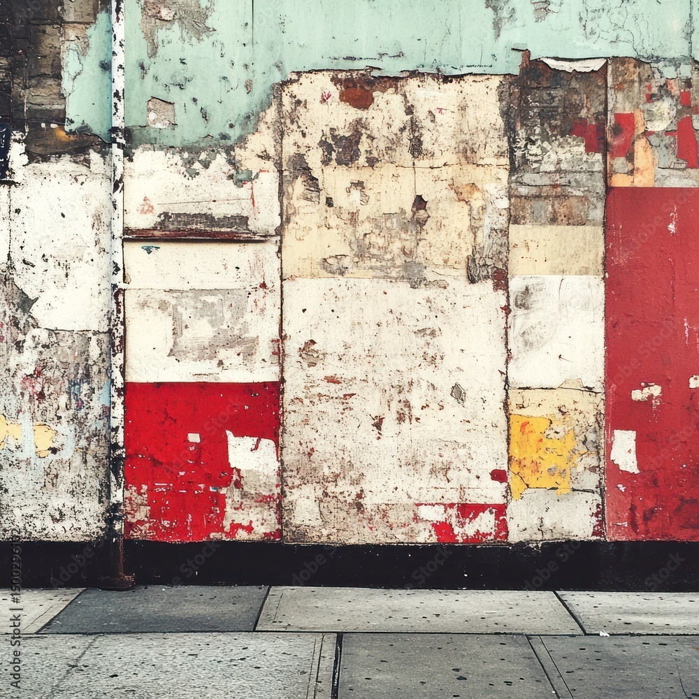 Naklejka premium Weathered wall with layered paint, plaster, and torn posters