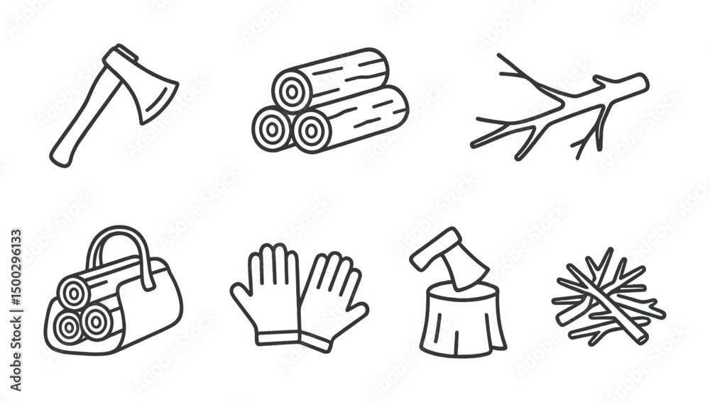Forestry and logging icons set – line, outline, timber and woodwork symbols