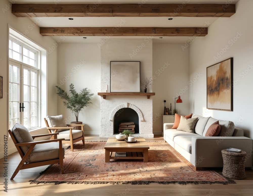 Fototapeta premium Modern farmhouse style living room. Distressed wood beams, stylish area rug, rustic decor accents, cozy, relaxed vibe. Touches of industrial, vintage charm. Interior design, home decor.