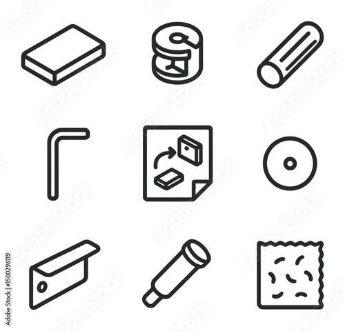 DIY Furniture Icon Set. Outline icon set of DIY furniture assembly: flat pack plank, cam lock, dowel pin, hex key, instruction