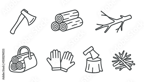 Forestry and logging icons set – line, outline, timber and woodwork symbols