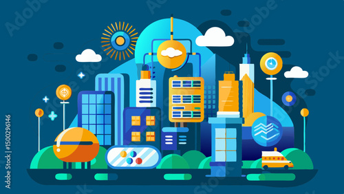 City Nightscape Vector Illustration with Buildings and Urban Street