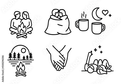 Camping and outdoors outline icons set – adventure, nature, hiking symbols