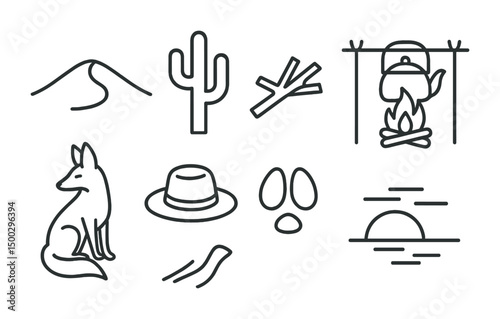 Desert camping icons set – outline, linear, adventure and outdoor symbols