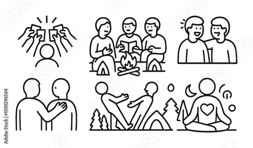 Community and friendship line icons set – outline, silhouette, social and connection symbols