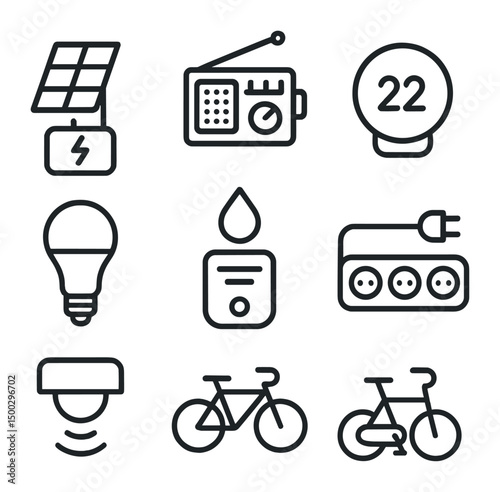 Eco Gadget Icons. Outline icon set of eco-friendly gadgets: solar charger, hand-crank radio, energy monitor, smart thermostat, LED