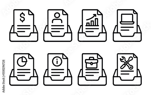 Document management line icons set – outline, linear, office and data symbols