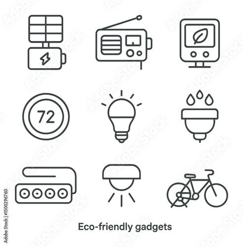 Eco Gadget Icons. Outline icon set of eco-friendly gadgets: solar charger, hand-crank radio, energy monitor, smart thermostat, LED