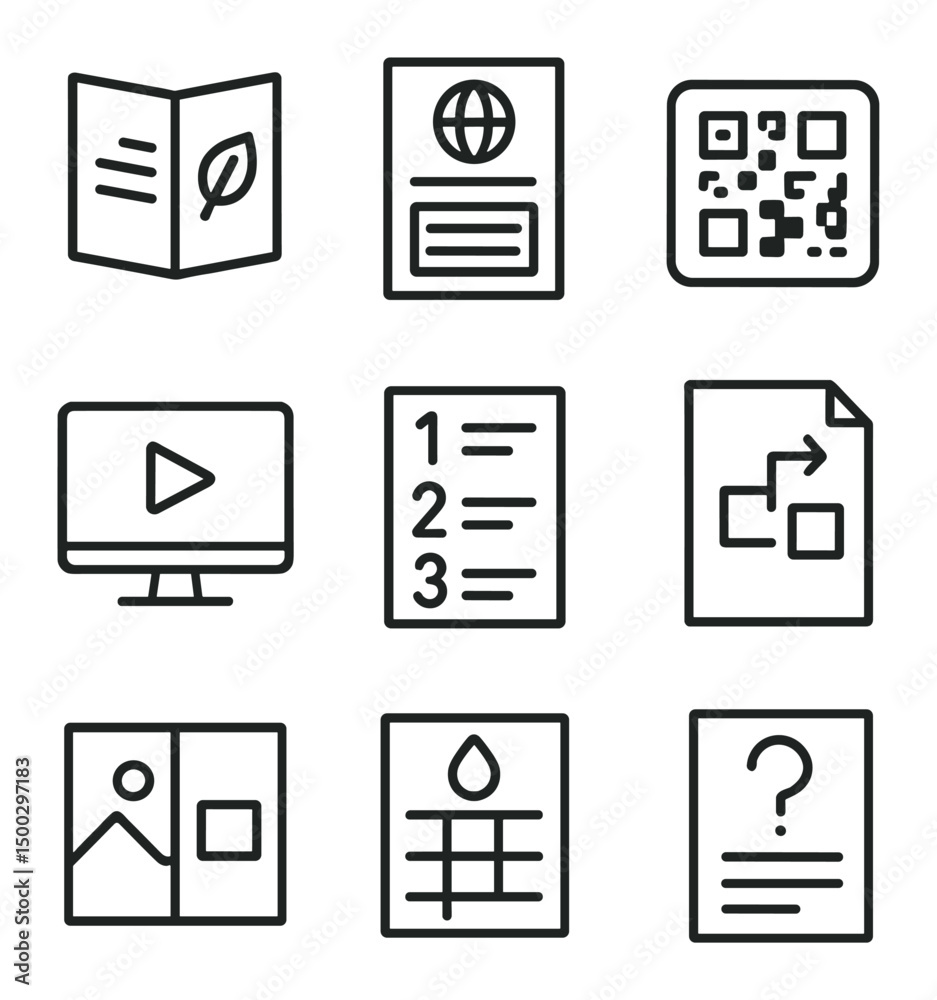 Educational Icons Set. Outline icon set of educational materials display: care instructions booklet, infographic poster, QR code Educational Icons Set. Outline icon set of educational materials display: care instructions booklet, infographic poster, QR code