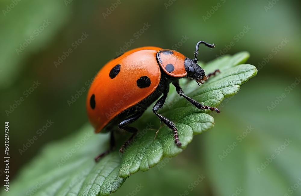 Obraz premium Close-up photo of ladybug on green leaf. Insect with red shell, black spots rests. Detailed macro shot shows nature, wildlife beauty. Pest in natural environment.
