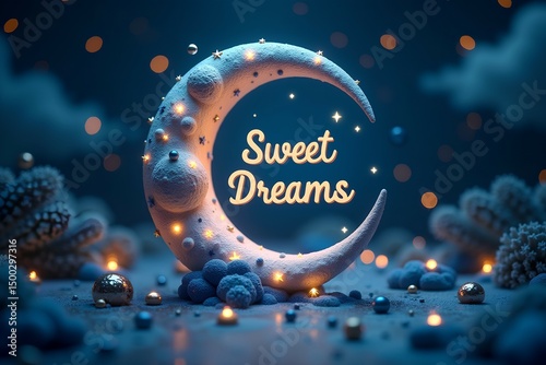 A whimsical “Sweet Dreams” card with a moon-shaped frame, glowing stars, and constellation motifs on a soft dark background—ideal for peaceful bedtime visuals and decor