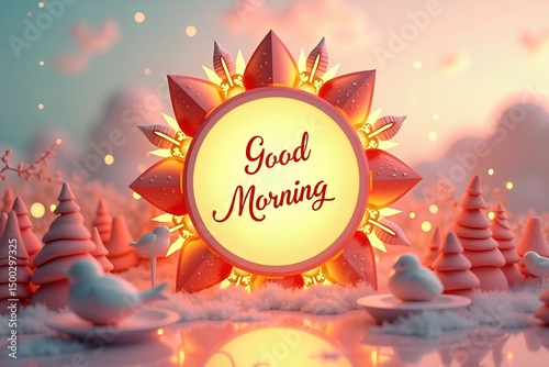 Elegant digital greeting card with sun-frame and metallic texture, featuring sunrise symbols and a 3D “GooD MorninG” in soft pastels—ideal for fresh, uplifting designs.