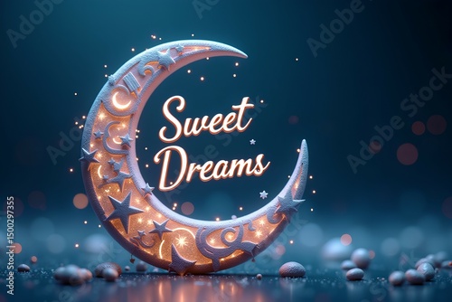 Artistic greeting card with a moon frame, constellation accents, and a “Sweet Dreams” 3D message on a glowing dark background—ideal for night-themed graphics or decor