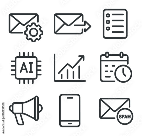Email Marketing Icons. Outline icon set of HR recruitment AI: resume document, silhouette with plus, magnifying glass on person,