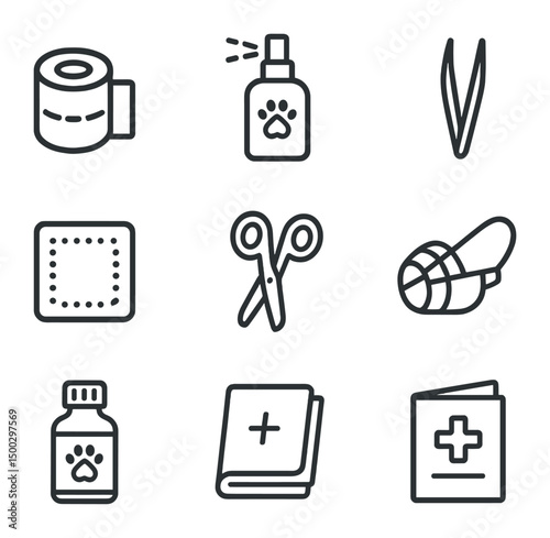 Emergency Pet First Aid. Outline icon set of emergency pet first aid: bandage, antiseptic spray, tweezers, gauze pad, scissors,