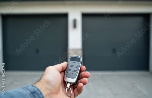 Man hand holding remote control against the background of a double garage door. Home automation tech, automatic door opener for car security, access to the house, remote keyless system. photo