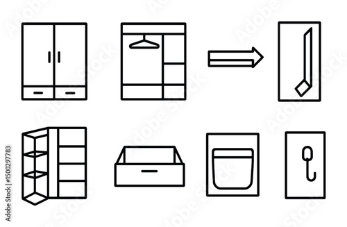 Home organization outline icons set – minimalist, storage, and space-saving symbols