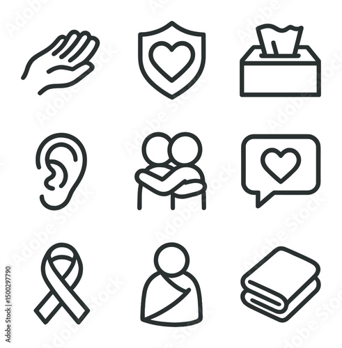 Emotional Support Icons. Outline icon set of emotional support: helping hand, heart shield, tissue box, tea mug, listening ear,