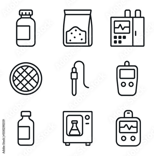 Environmental Testing Icons. Outline icon set of environmental testing lab: water sample bottle, soil sample bag, gas