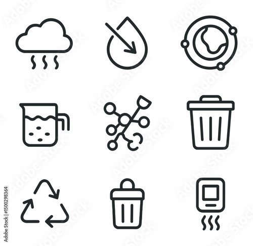 Environmental Chemistry Icons. Outline icon set of environmental chemistry: pollution cloud, acid rain drop, ozone layer ring,