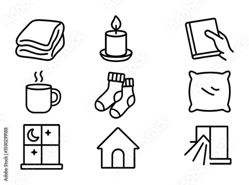 Home comforts line icons set – cozy, linear, living essentials collection
