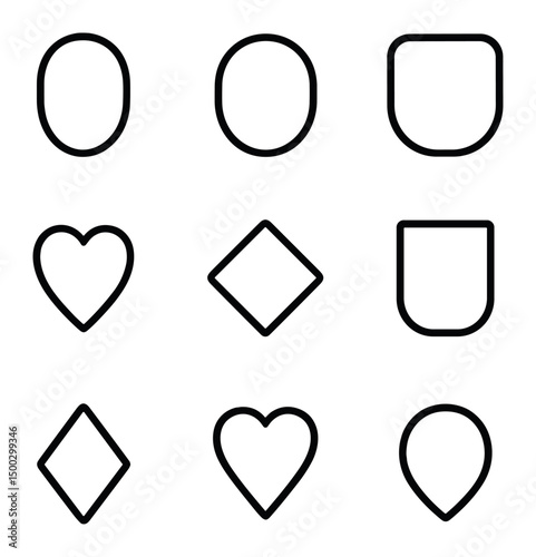 Face Shape Icons. Outline icon set of face shape guides: oval silhouette, round outline, square jaw, heart shape, diamond contour,