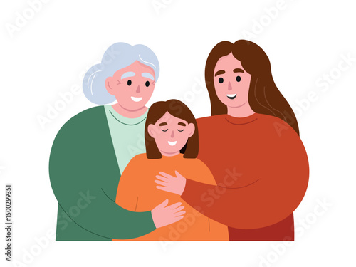 
Women in the family are happy together. Mother, grandmother and daughter care and support each other. Vector flat graphics.