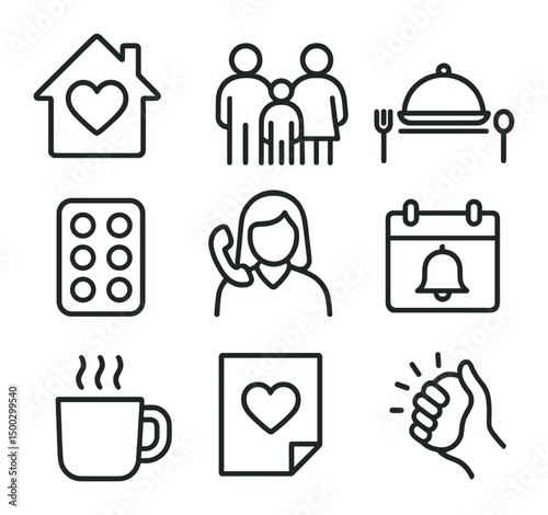 Family Care Icons. Outline icon set of family caregiver support: home silhouette with heart, family figures, meal tray, medication