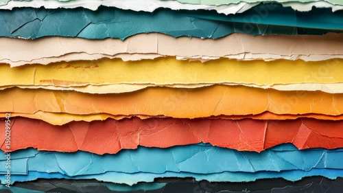 Wallpaper Mural Layered Rainbow Paper: An abstract composition of torn, multi-colored paper strips evokes artistic flair and a textured display of vibrant hues.  Torontodigital.ca