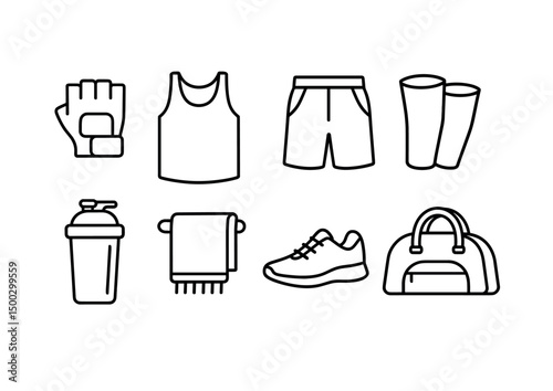 Fitness and gym outline icons set – silhouette, training and exercise symbols