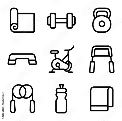 Fitness Icons Grid. Outline icon set of fitness class offerings: yoga mat, dumbbell, kettlebell, aerobic step, spin bike,