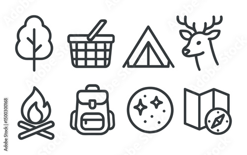Camping adventure outline icons set – linear, outdoor, nature and expedition symbols