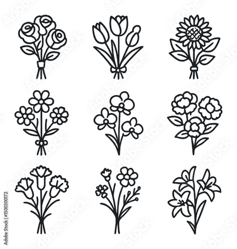 Floral Arrangement Icon Set. Outline icon set of daily joys: coffee cup, book, music note, TV, smartphone, bakery bread, bicycle,