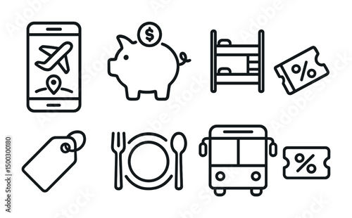 Travel and tourism icons set – outline, trip, vacation planning symbols