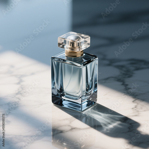Elegant blue glass perfume bottle on marble surface