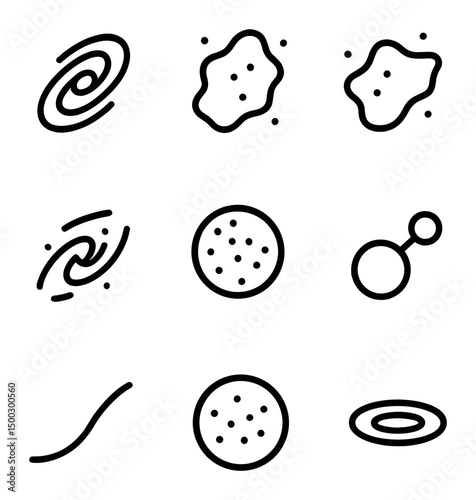 Galaxy Icon Set. Outline icon set of Milky Way neighbor structures: Andromeda Galaxy silhouette, Large Magellanic Cloud, Small