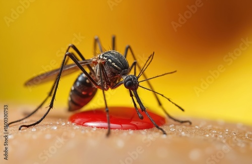 Close-up macro photo of mosquito sucking blood from human skin. Parasite insect causes itchy bites. Disease carrier. Risk of malaria dengue fever. Tropical pests threaten public health.