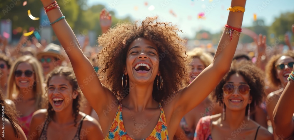 Obraz premium Joyful woman with curly hair celebrates at summer festival with diverse friends. Smiling female waves arms, laughing with friends, vibrant colours, cheerful multicultural crowd celebrating, positive