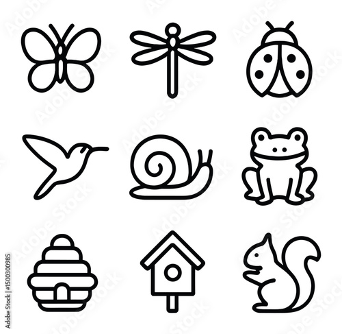 Garden Wildlife Icons. Outline icon set of garden wildlife: butterfly, dragonfly, ladybug, hummingbird, snail, frog, bee hive,
